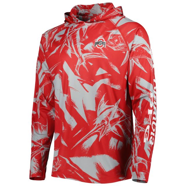 Columbia Scarlet Ohio State Buckeyes Super Terminal Tackle Omni-Shade Raglan T-shirt à capuche manches longues pour homme