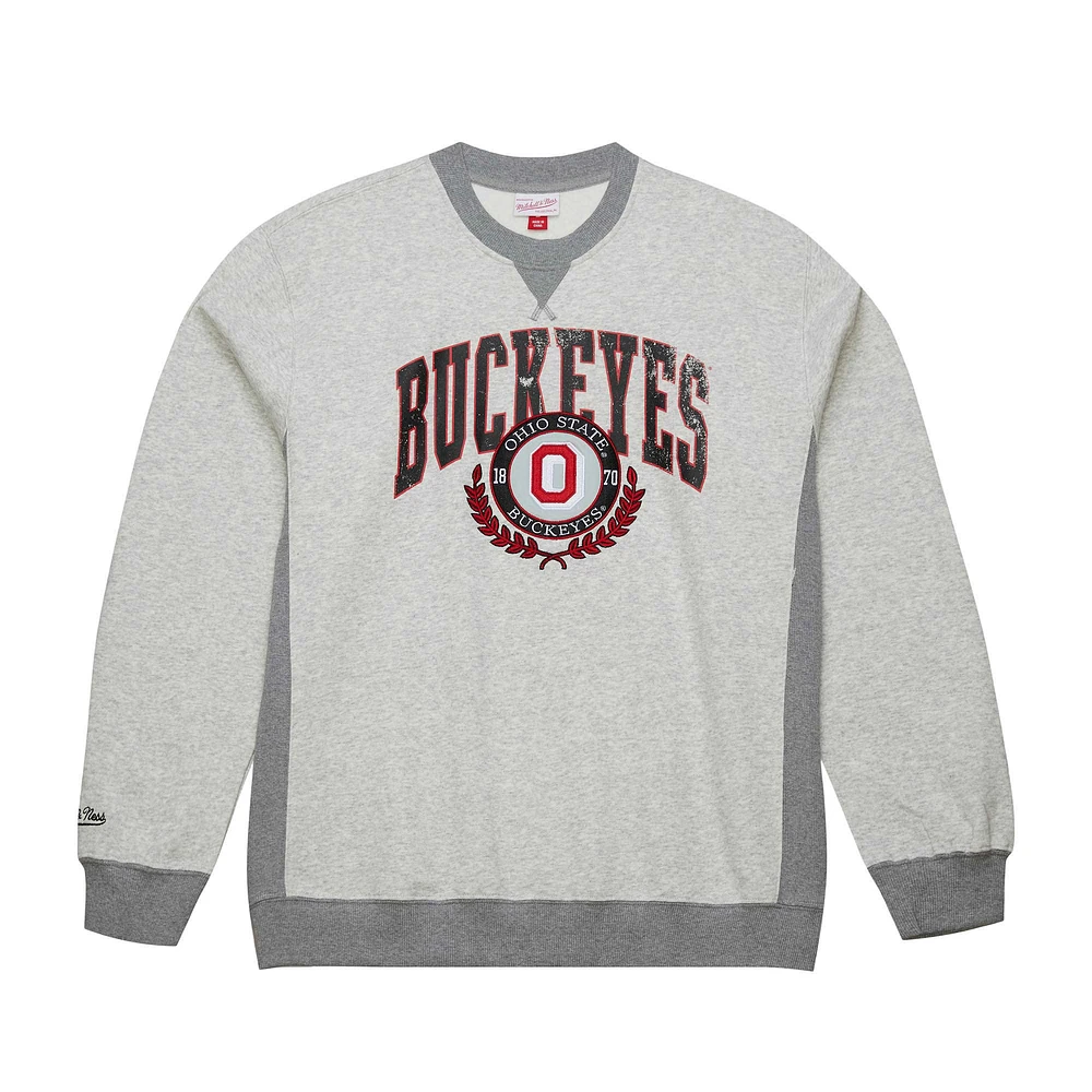 Men's Mitchell & Ness Heather Gray Ohio State Buckeyes Arched Fleece Crewneck Pullover Sweatshirt