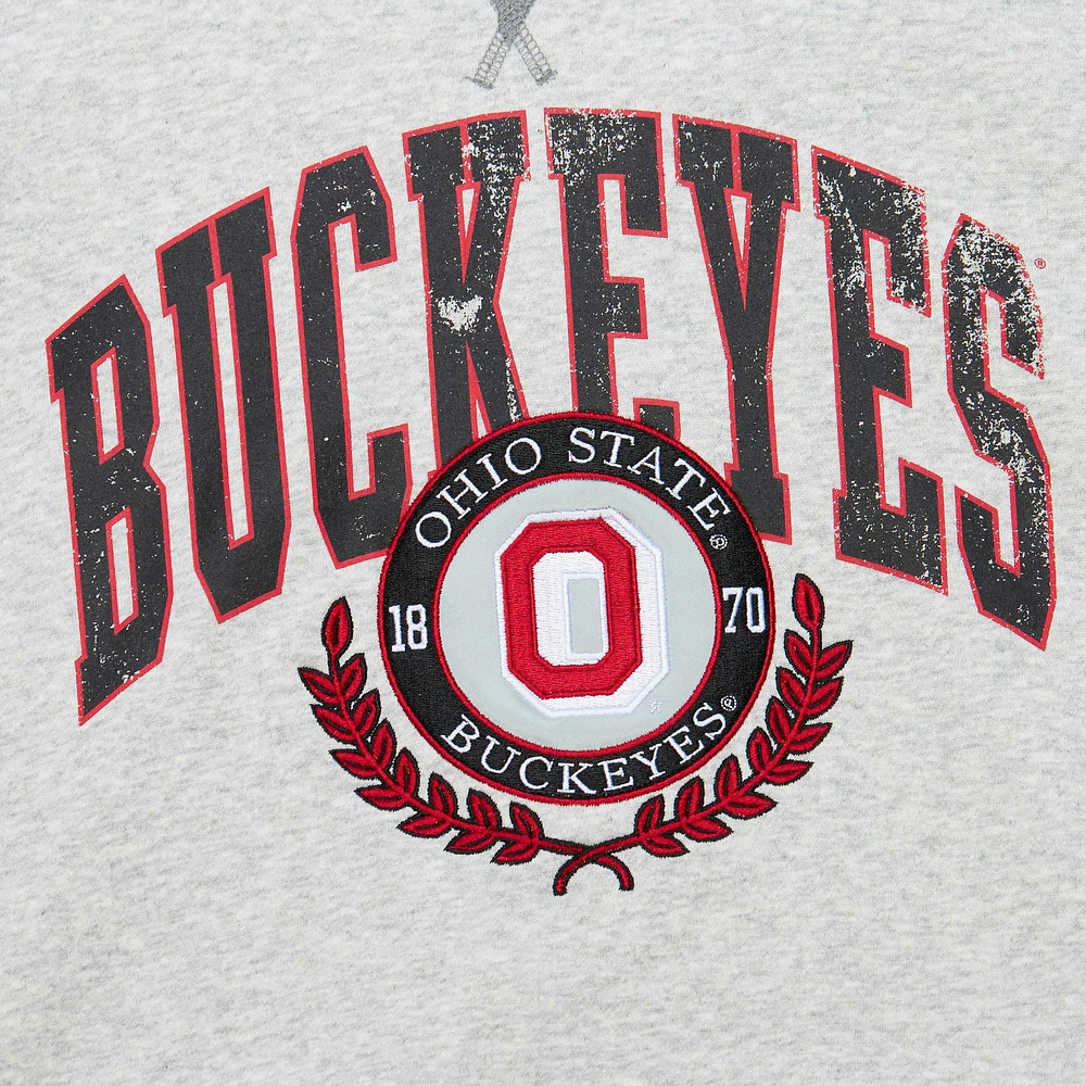 Men's Mitchell & Ness Heather Gray Ohio State Buckeyes Arched Fleece Crewneck Pullover Sweatshirt