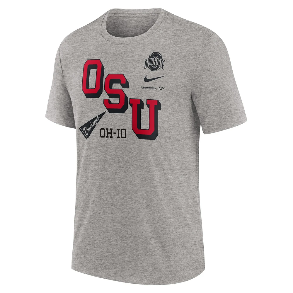 Men's Nike Heather Gray Ohio State Buckeyes Blitz Roll Call Tri-Blend T-Shirt