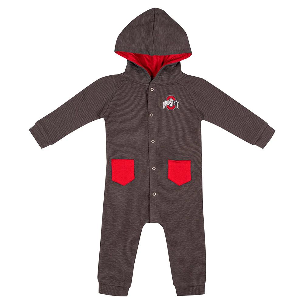 Newborn & Infant Colosseum Charcoal Ohio State Buckeyes Zando-Zan Waffle Full-Snap Hooded Romper