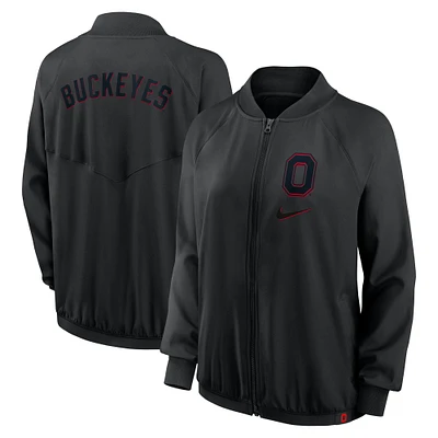 Veste aviateur entièrement zippée Nike Ohio State Buckeyes Raglan noire pour femme