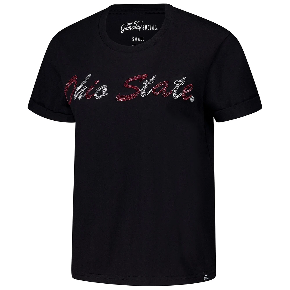 T-shirt noir pour femme avec inscription en perles cousues à la main Ohio State Buckeyes