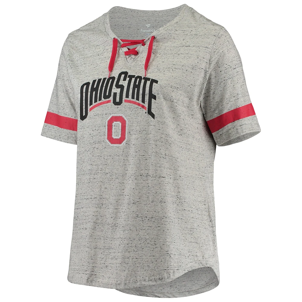 Women's Heathered Gray/Scarlet Ohio State Buckeyes Plus Lace-Up V-Neck T-Shirt