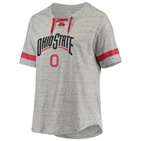 Women's Heathered Gray/Scarlet Ohio State Buckeyes Plus Lace-Up V-Neck T-Shirt