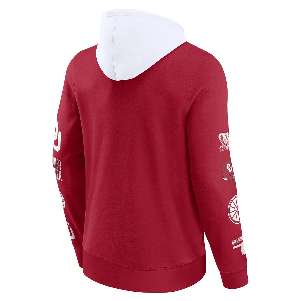 Men's Fanatics  Crimson/White Oklahoma Sooners Color Block Badge Fleece Pullover Hoodie