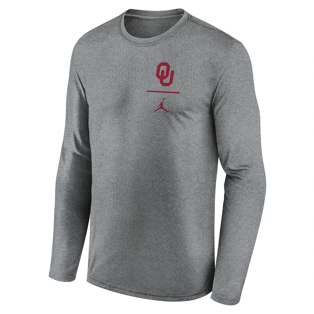 Men's Jordan Brand Heather Gray Oklahoma Sooners Primary Stack Legend Long Sleeve T-Shirt