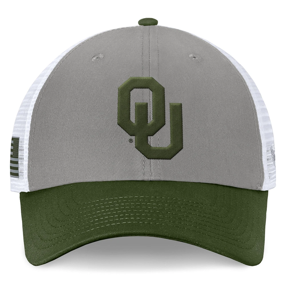 Men's Top of the World Gray/Green Oklahoma Sooners OHT Military Appreciation Badge Trucker Adjustable Hat
