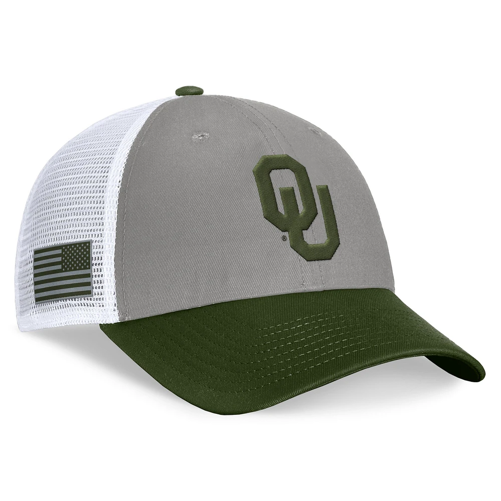 Men's Top of the World Gray/Green Oklahoma Sooners OHT Military Appreciation Badge Trucker Adjustable Hat