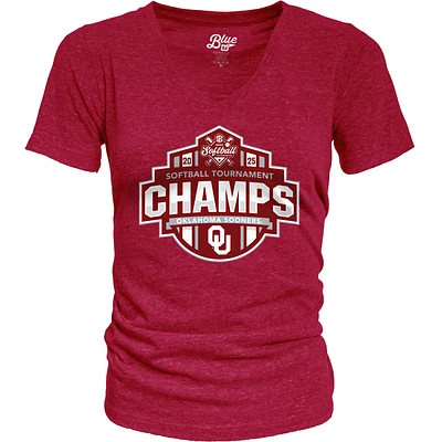 T-shirt col V bleu 84 Crimson pour femme des Sooners de l'Oklahoma, championnes du tournoi softball la SEC 2025, vestiaire