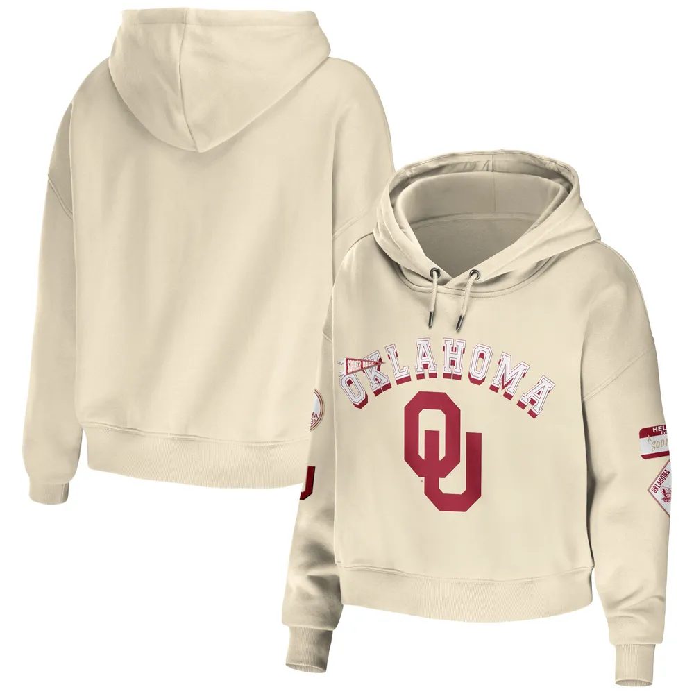 Women's WEAR by Erin Andrews Crème Oklahoma Sooners Mixed Media Cropped Pullover Hoodie