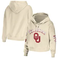 Women's WEAR by Erin Andrews Crème Oklahoma Sooners Mixed Media Cropped Pullover Hoodie