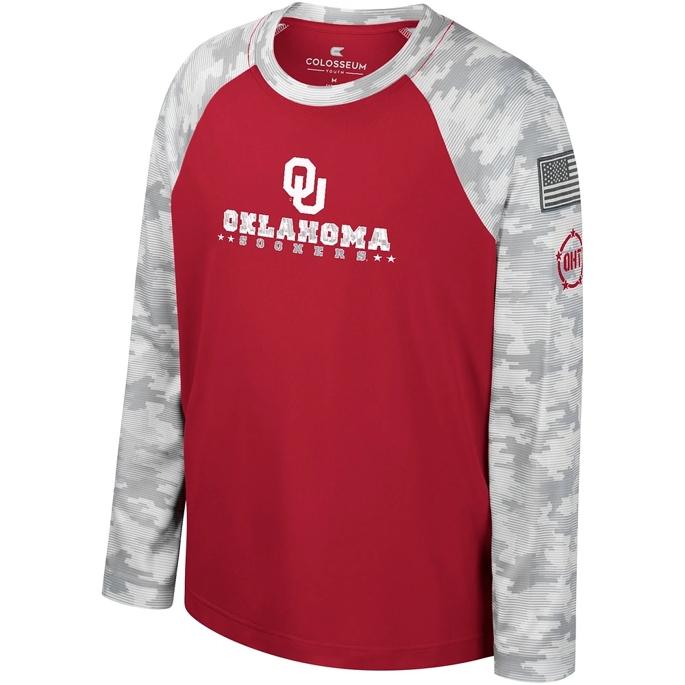 Youth Colosseum Crimson/Camo Oklahoma Sooners OHT Military Appreciation Dark Star Raglan Long Sleeve T-Shirt