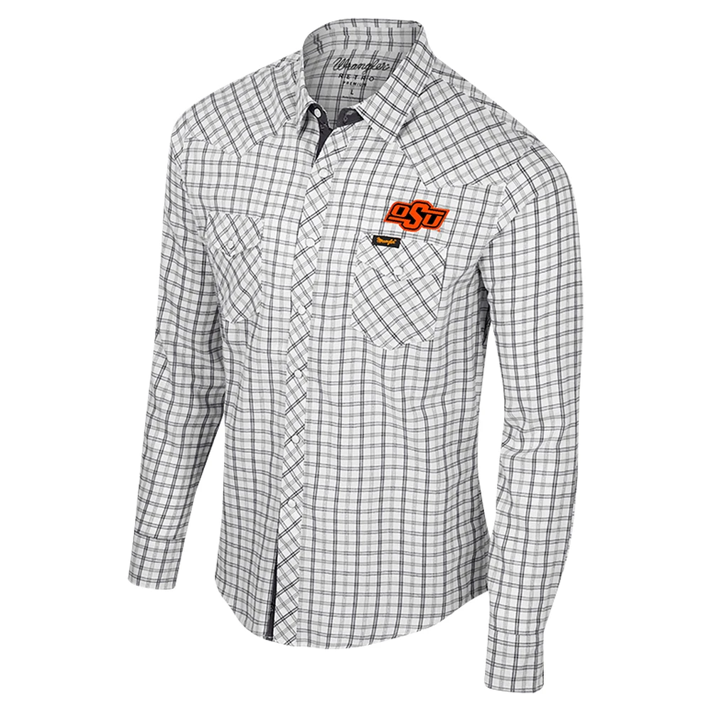Men's Colosseum x Wrangler White Oklahoma State Cowboys Plaid Window Pane Long Sleeve Full-Snap Shirt