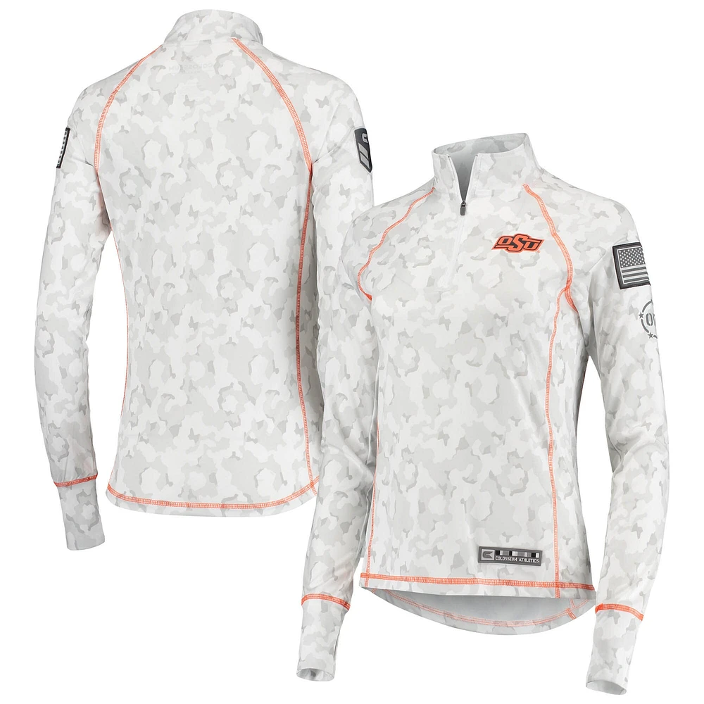 Women's Colosseum White Oklahoma State Cowboys OHT Military Appreciation Officer Arctic Camo Fitted Lightweight 1/4-Zip Jacket