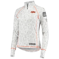 Women's Colosseum White Oklahoma State Cowboys OHT Military Appreciation Officer Arctic Camo Fitted Lightweight 1/4-Zip Jacket