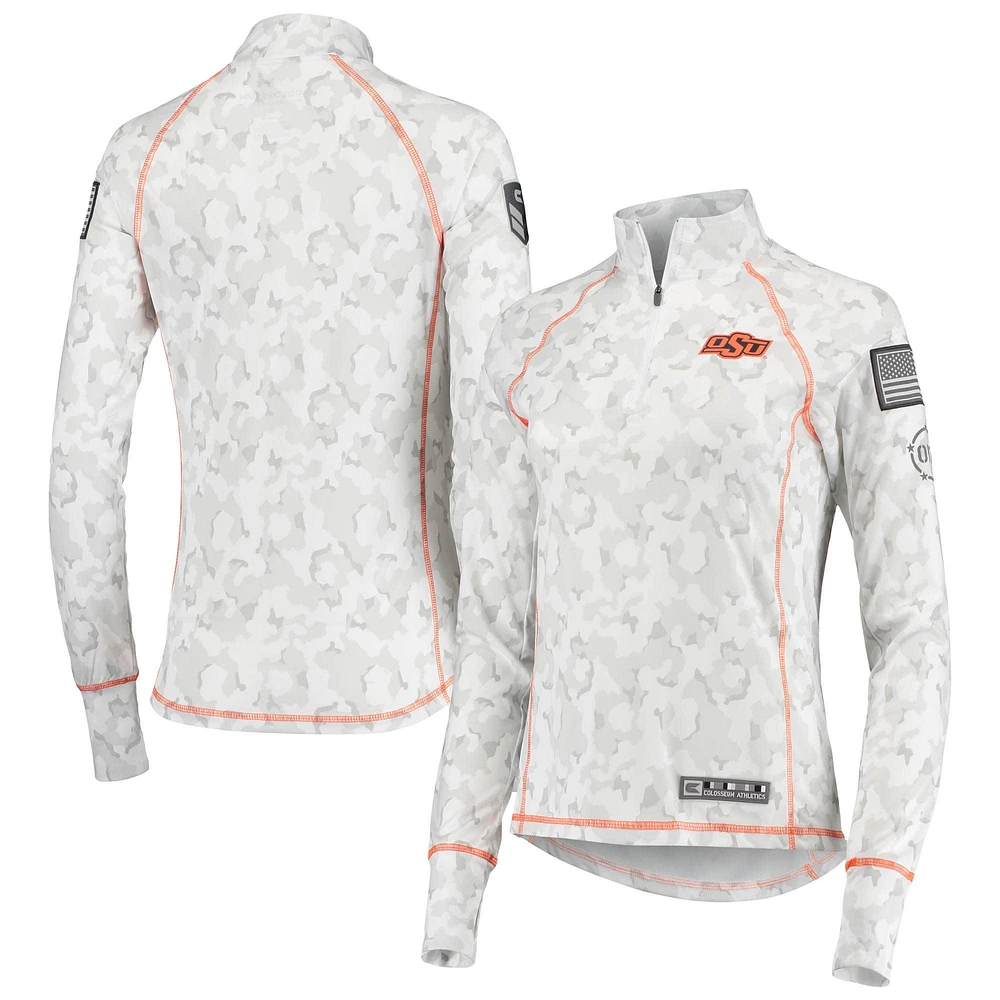 Women's Colosseum White Oklahoma State Cowboys OHT Military Appreciation Officer Arctic Camo Fitted Lightweight 1/4-Zip Jacket