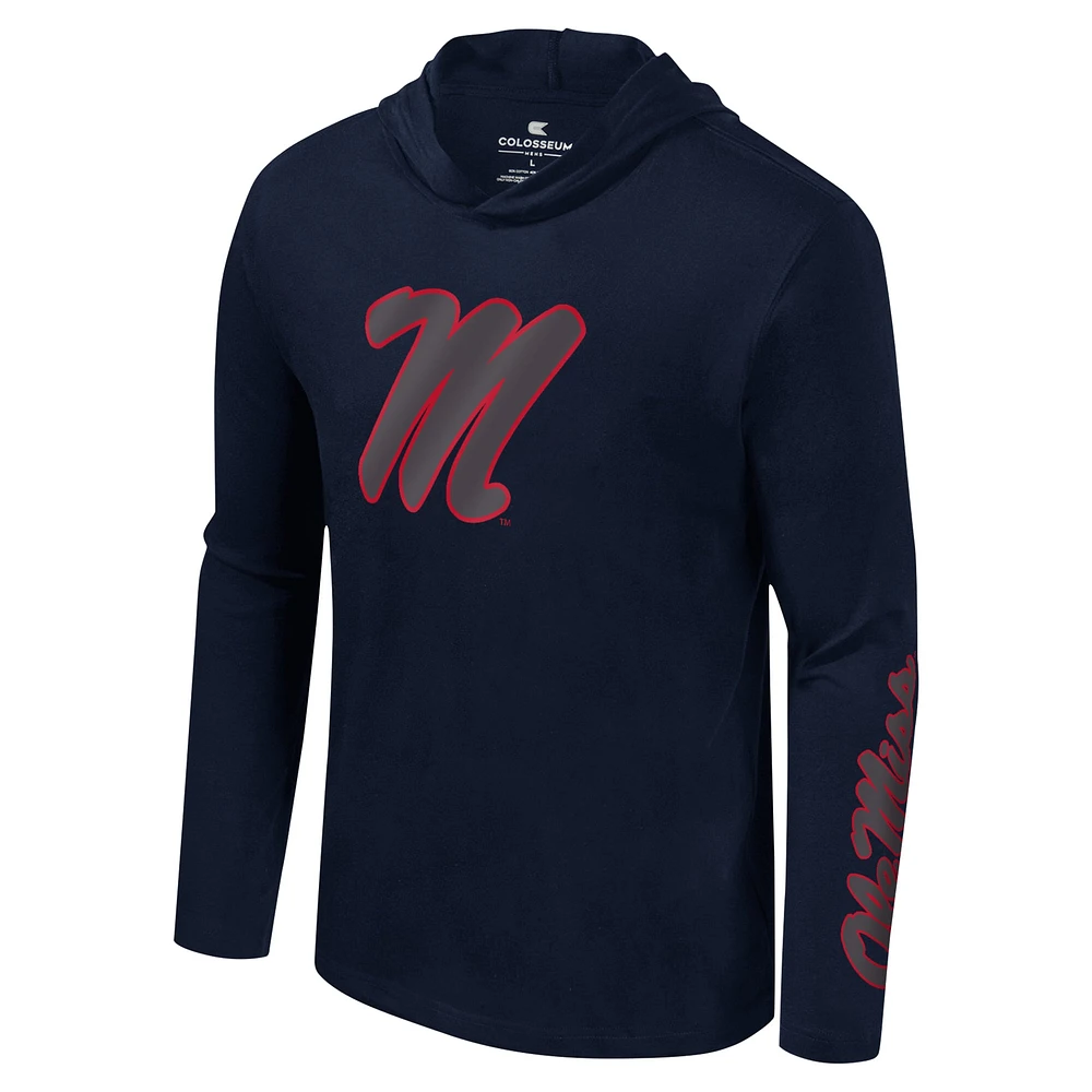 Men's Colosseum Navy Ole Miss Rebels Color Pop Active Blend 2-Hit Long Sleeve Hooded T-Shirt