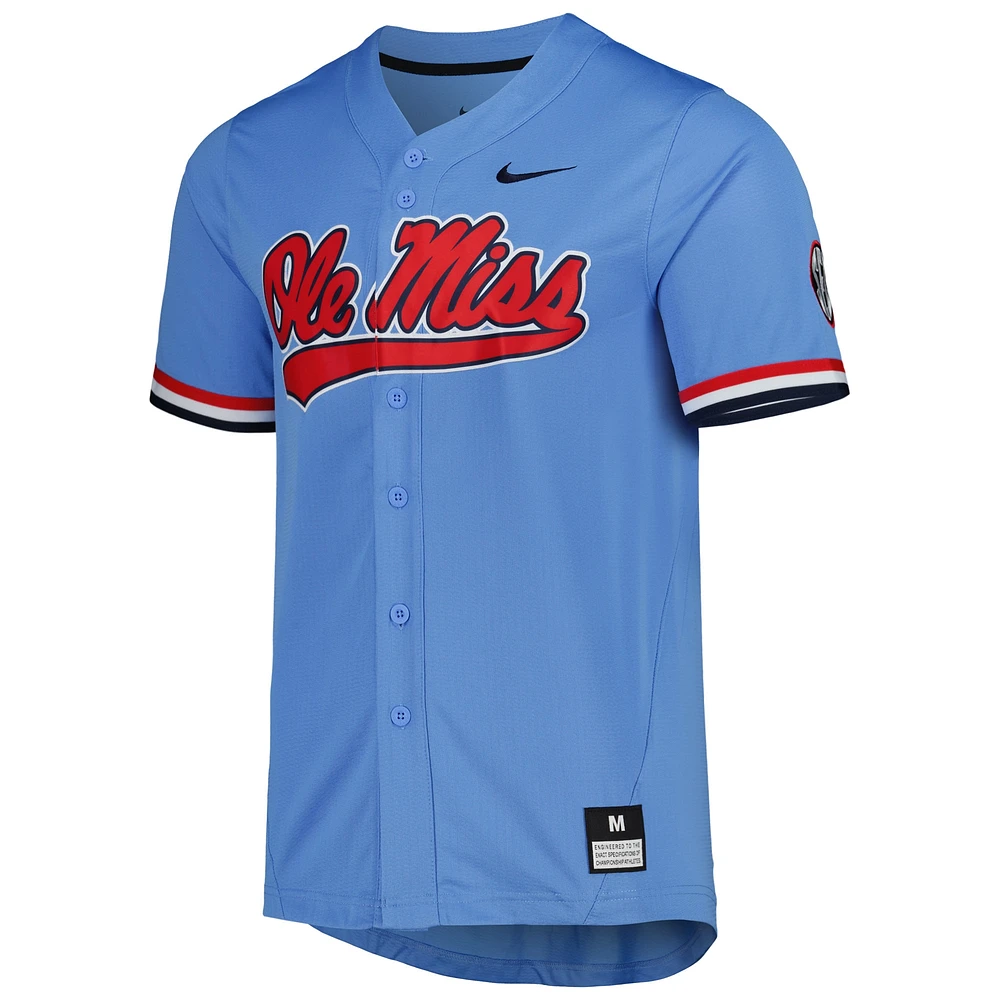 Maillot de baseball réplique à boutons complets Nike Ole Miss Rebels bleu poudré pour homme