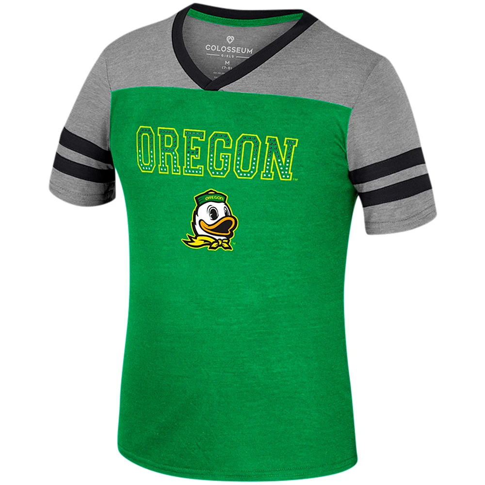Girls Youth Colosseum Green/Heather Gray Oregon Ducks Summer Striped V-Neck T-Shirt