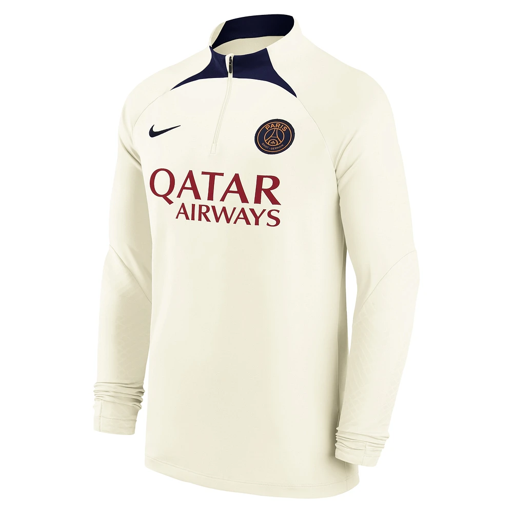 Men's Nike Cream Paris Saint-Germain Strike Drill 2023/24 Performance Quarter-Zip Long Sleeve Top