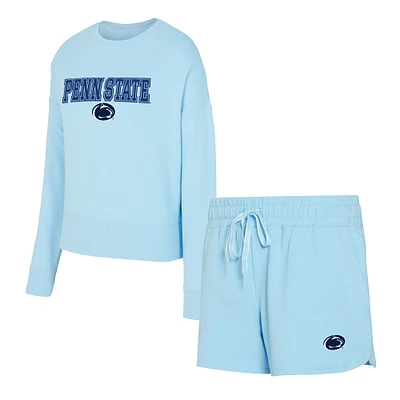 Ensemble haut à manches longues et short bleu clair Concepts Sport Penn State Nittany Lions Elevation Tri-Blend pour femme