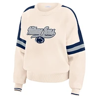 Women's WEAR by Erin Andrews  Cream Penn State Nittany Lions Chenille Woven Patch Stripe Pullover Sweater