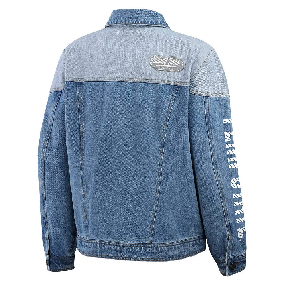 Women's WEAR by Erin Andrews Denim Penn State Nittany Lions Sleeve Hit Colorblock Button-Down Jacket