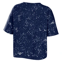 Women's WEAR by Erin Andrews Navy Penn State Nittany Lions Bleach Wash Splatter Cropped Notch Neck T-Shirt
