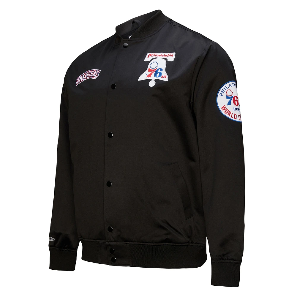 Men's Black Philadelphia 76ers Hardwood Classics Blackout Collection Satin Full-Zip Jacket