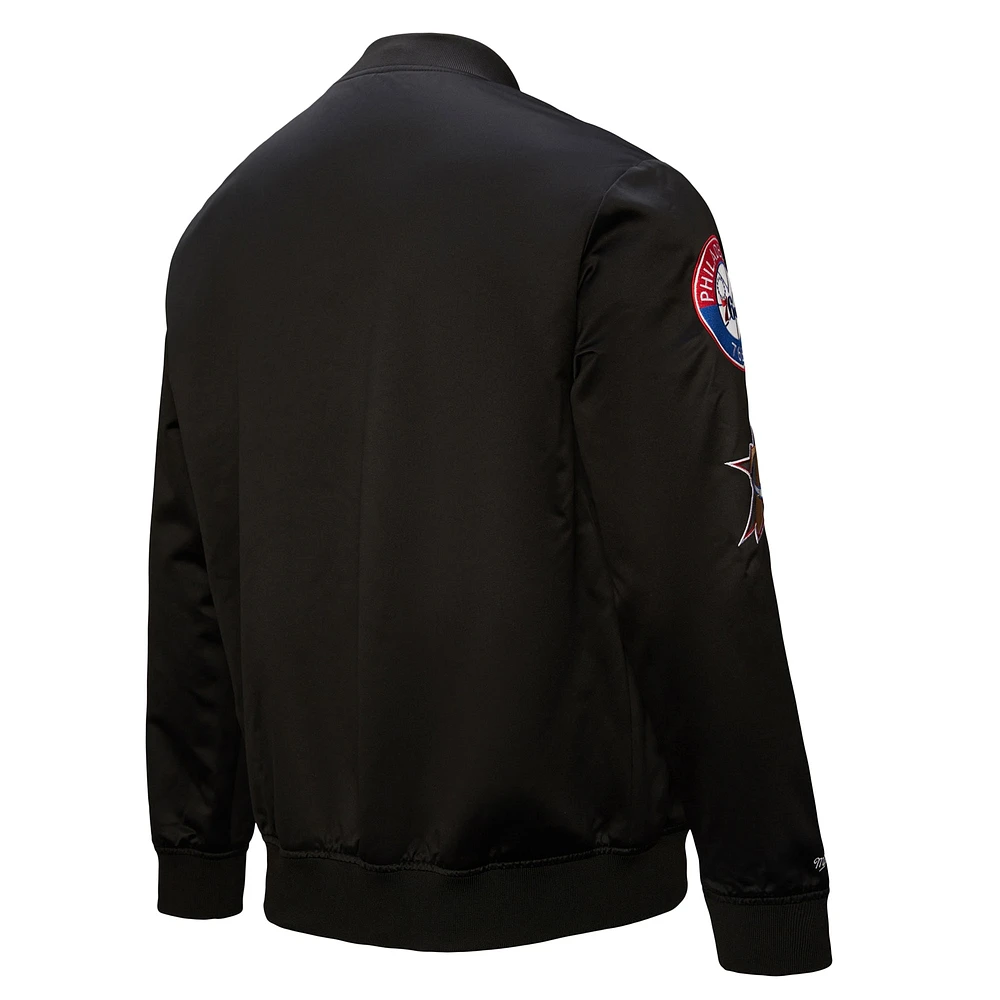 Men's Black Philadelphia 76ers Hardwood Classics Blackout Collection Satin Full-Zip Jacket