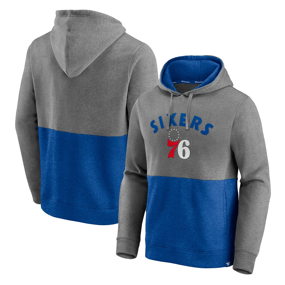 Sweat à capuche Fanatics Heathered Charcoal/Royal Philadelphia 76ers Block Party Applique Color pour hommes