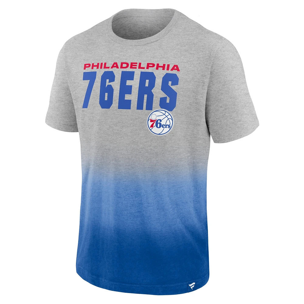 Men's Fanatics Heathered Gray/Royal Philadelphia 76ers Board Crasher Dip-Dye T-Shirt