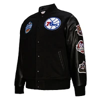 Men's Mitchell & Ness  Black Philadelphia 76ers Hardwood Classics Blackout Collection Full-Snap Varsity Jacket