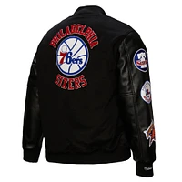 Men's Mitchell & Ness  Black Philadelphia 76ers Hardwood Classics Blackout Collection Full-Snap Varsity Jacket