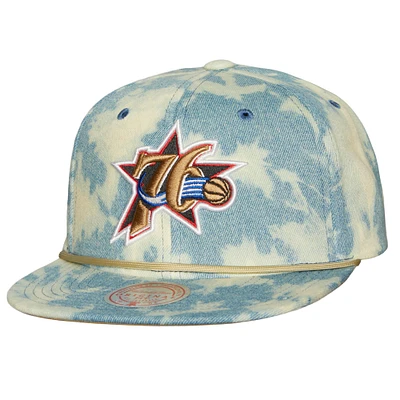 Men's Mitchell & Ness Denim Philadelphia 76ers Acid Wash Snapback Hat