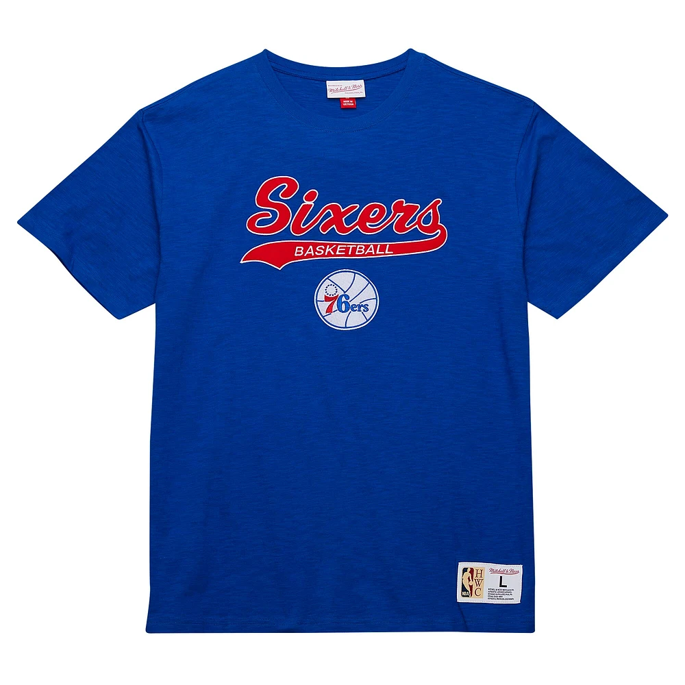 Men's Mitchell & Ness Royal Philadelphia 76ers Hardwood Classics Felt Applique Slub T-Shirt