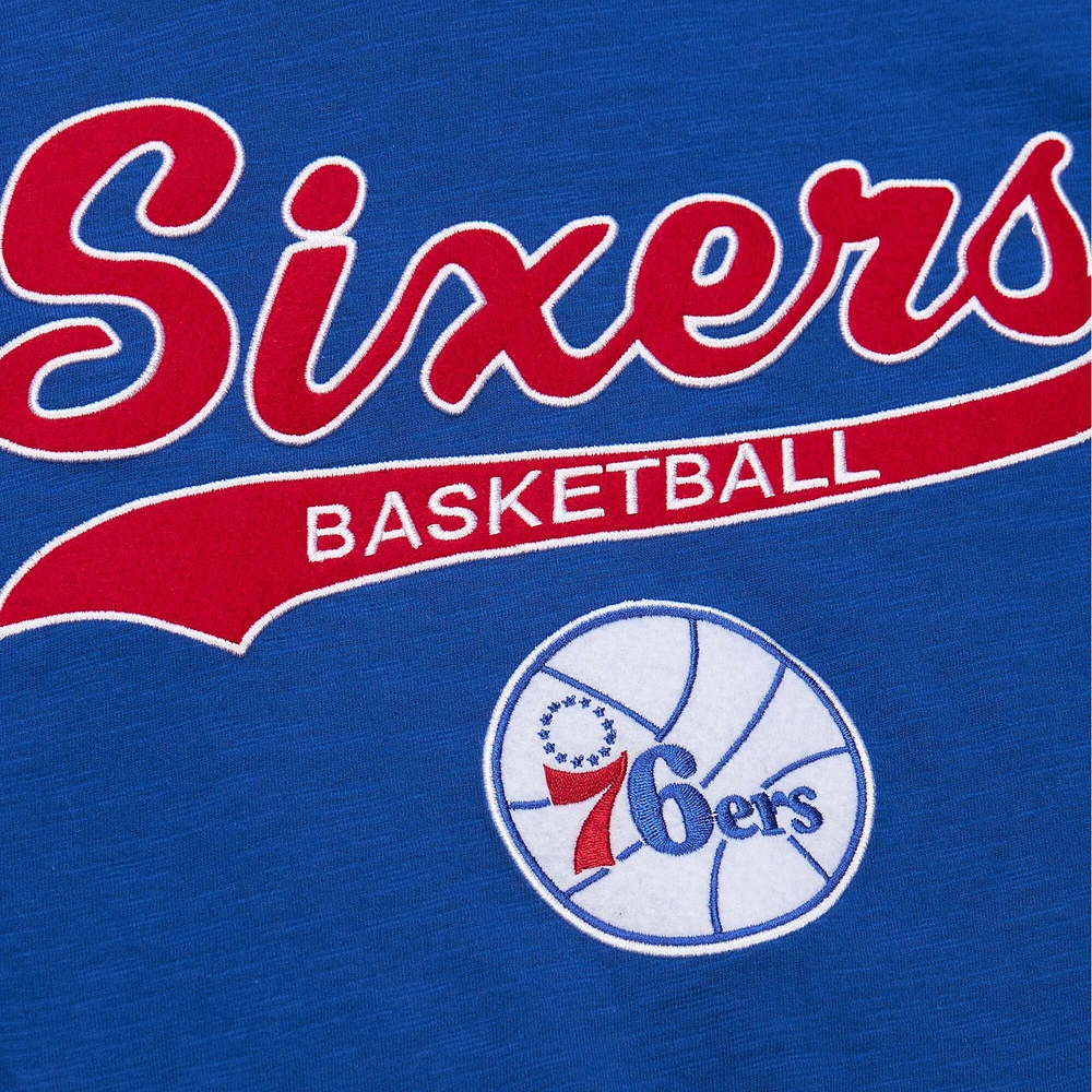 Men's Mitchell & Ness Royal Philadelphia 76ers Hardwood Classics Felt Applique Slub T-Shirt