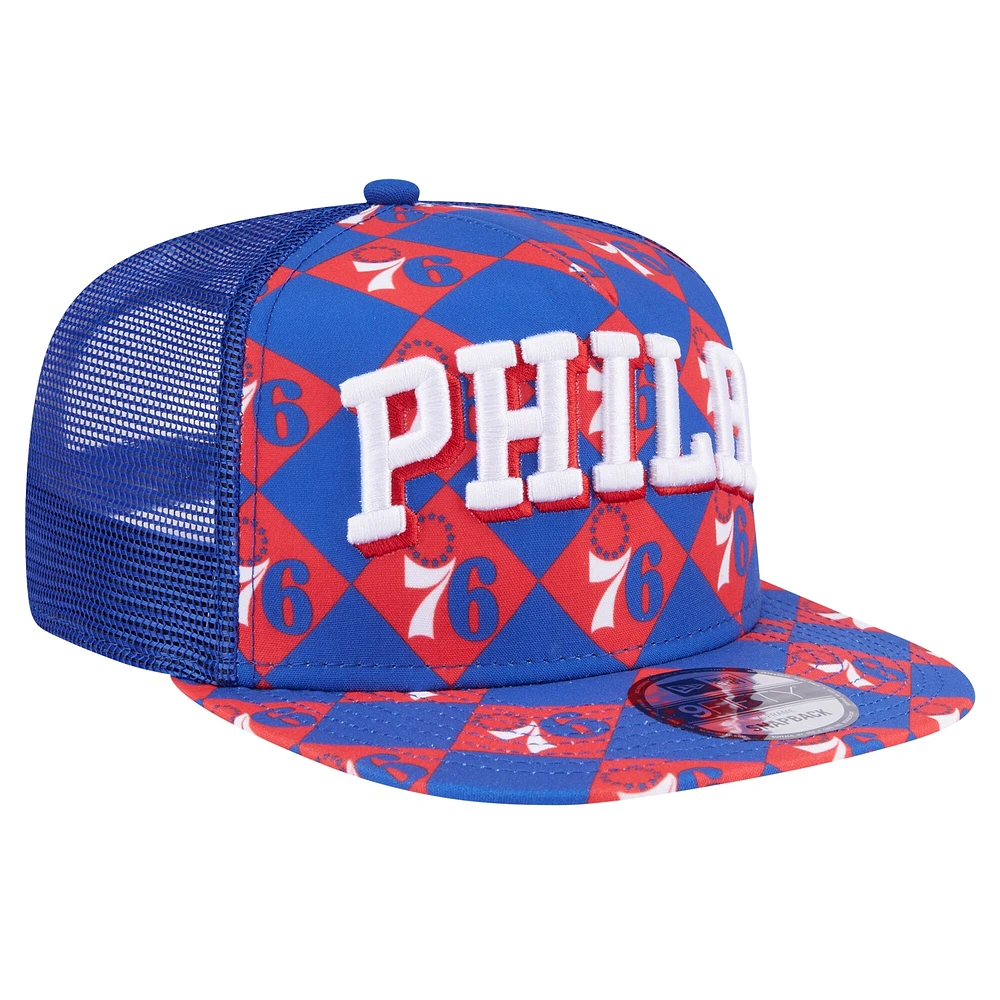 Men's New Era Royal Philadelphia 76ers Seeing Diamonds A-Frame Trucker 9FIFTY Snapback Hat