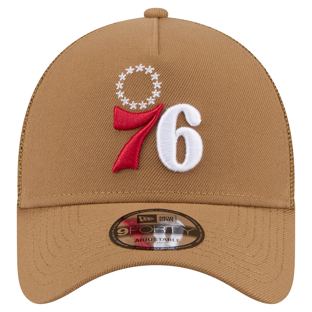 Men's New Era Tan Philadelphia 76ers 9FORTY A-Frame Trucker Adjustable Hat