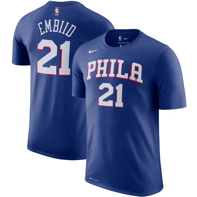 T-shirt Performance Joel Embiid Royal Philadelphia 76ers pour homme avec nom et numéro de joueur