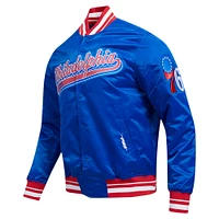 Men's Pro Standard Royal Philadelphia 76ers Script Tail Full-Snap Satin Varsity Jacket