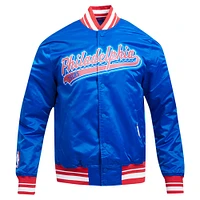 Men's Pro Standard Royal Philadelphia 76ers Script Tail Full-Snap Satin Varsity Jacket