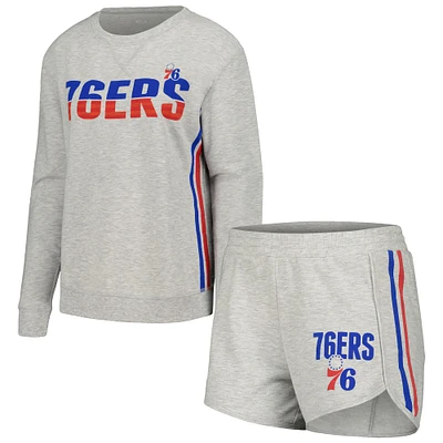 Ensemble de nuit avec t-shirt et short à manches longues Concepts Sport gris Philadelphia 76ers Cedar pour femmes