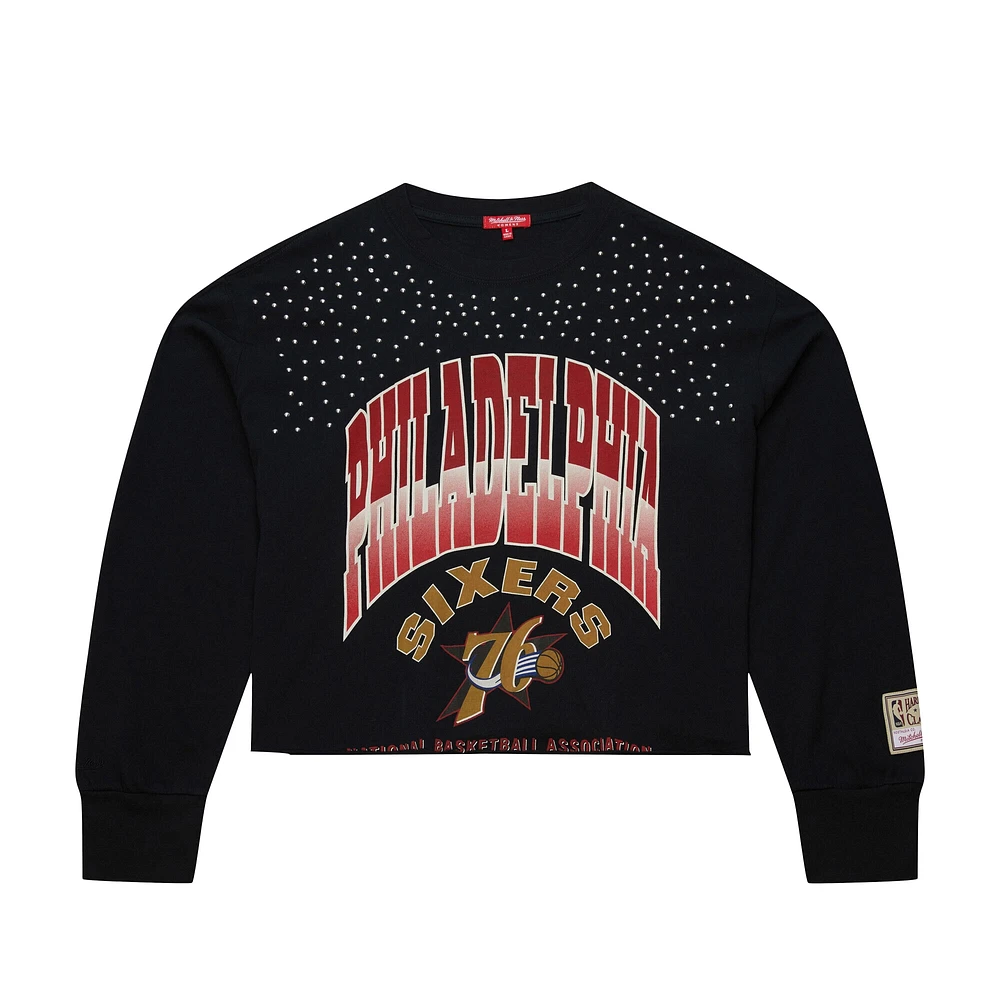 Women's Mitchell & Ness  Black Philadelphia 76ers Hardwood Classics Studded Boxy Cropped Long Sleeve T-Shirt