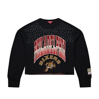 Women's Mitchell & Ness  Black Philadelphia 76ers Hardwood Classics Studded Boxy Cropped Long Sleeve T-Shirt