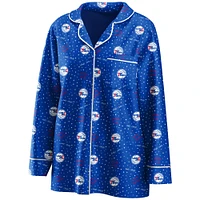 Women's WEAR by Erin Andrews Royal Philadelphia 76ers Long Sleeve Button-Up Shirt & Pants Sleep Set