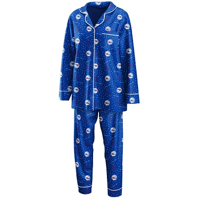 Women's WEAR by Erin Andrews Royal Philadelphia 76ers Long Sleeve Button-Up Shirt & Pants Sleep Set