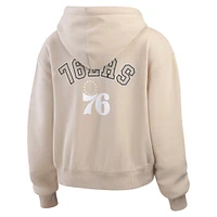 Women's WEAR by Erin Andrews Tan Philadelphia 76ers Tonal Felt Patch Full-Zip Hoodie