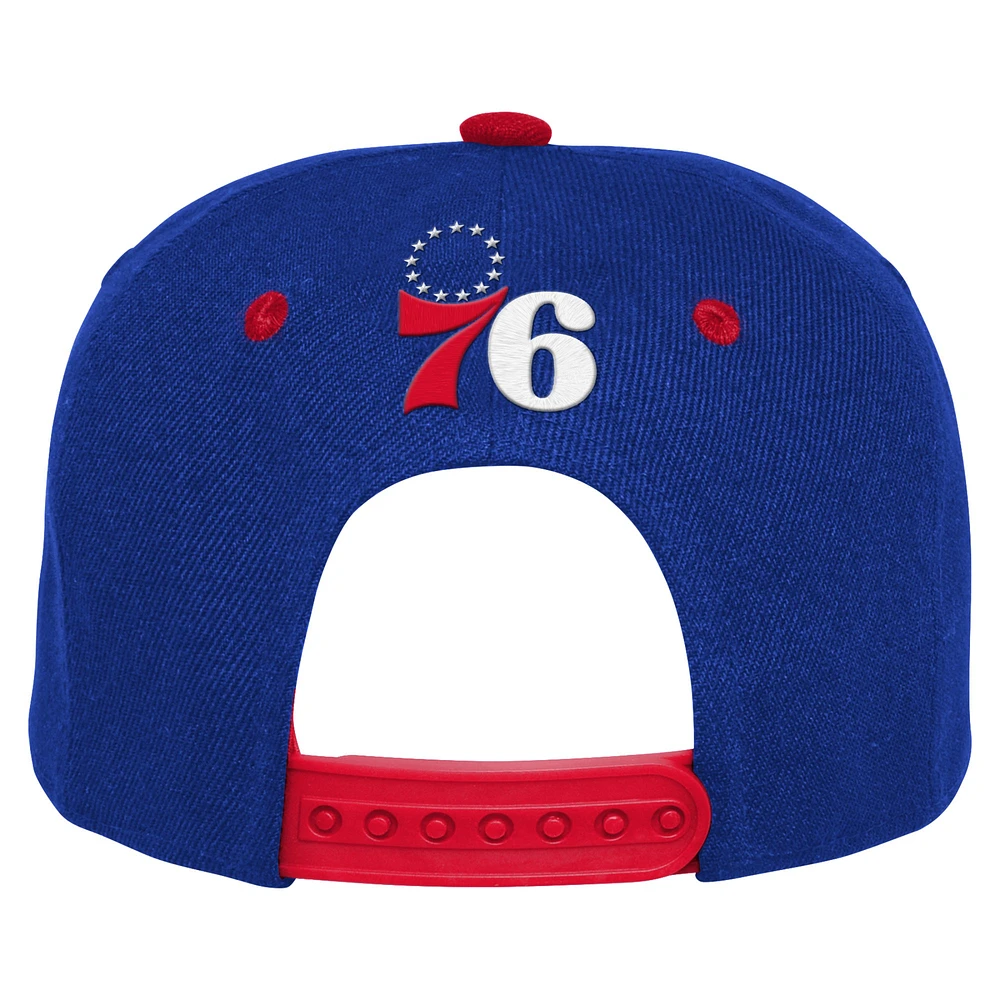 Casquette Snapback à visière brodée avec panneau arrière pour jeunes Philadelphia 76ers Royal/Red